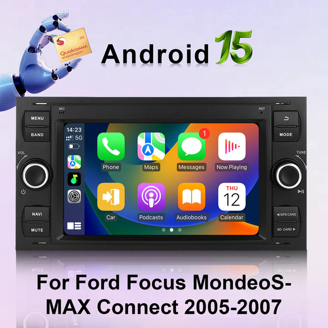 Android 15 Car Radio Stereo with Wireless CarPlay Android Auto,  7 Inch HD Touch Screen for Ford Focus/Mondeo/S-MAX/Connect 2008-2011, Bluetooth GPS Navigation,WiFi,SWC