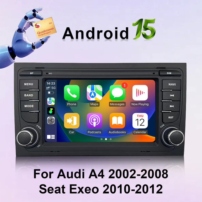 For Audi A4 2002-2008/Seat Exeo 2010-2012 7 inch Qualcomm 8-Core Android 15 HD Touch Screen with Wireless CarPlay Android Auto GPS Bluetooth WiFi