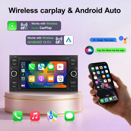 Android 15 Car Radio Stereo with Wireless CarPlay Android Auto,  7 Inch HD Touch Screen for Ford Focus/Mondeo/S-MAX/Connect 2008-2011, Bluetooth GPS Navigation,WiFi,SWC
